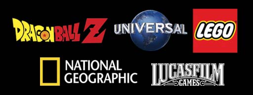 Logos of Dragonball Z, Universal Pictures, LEGO, National Geographic, and Lucasfilm